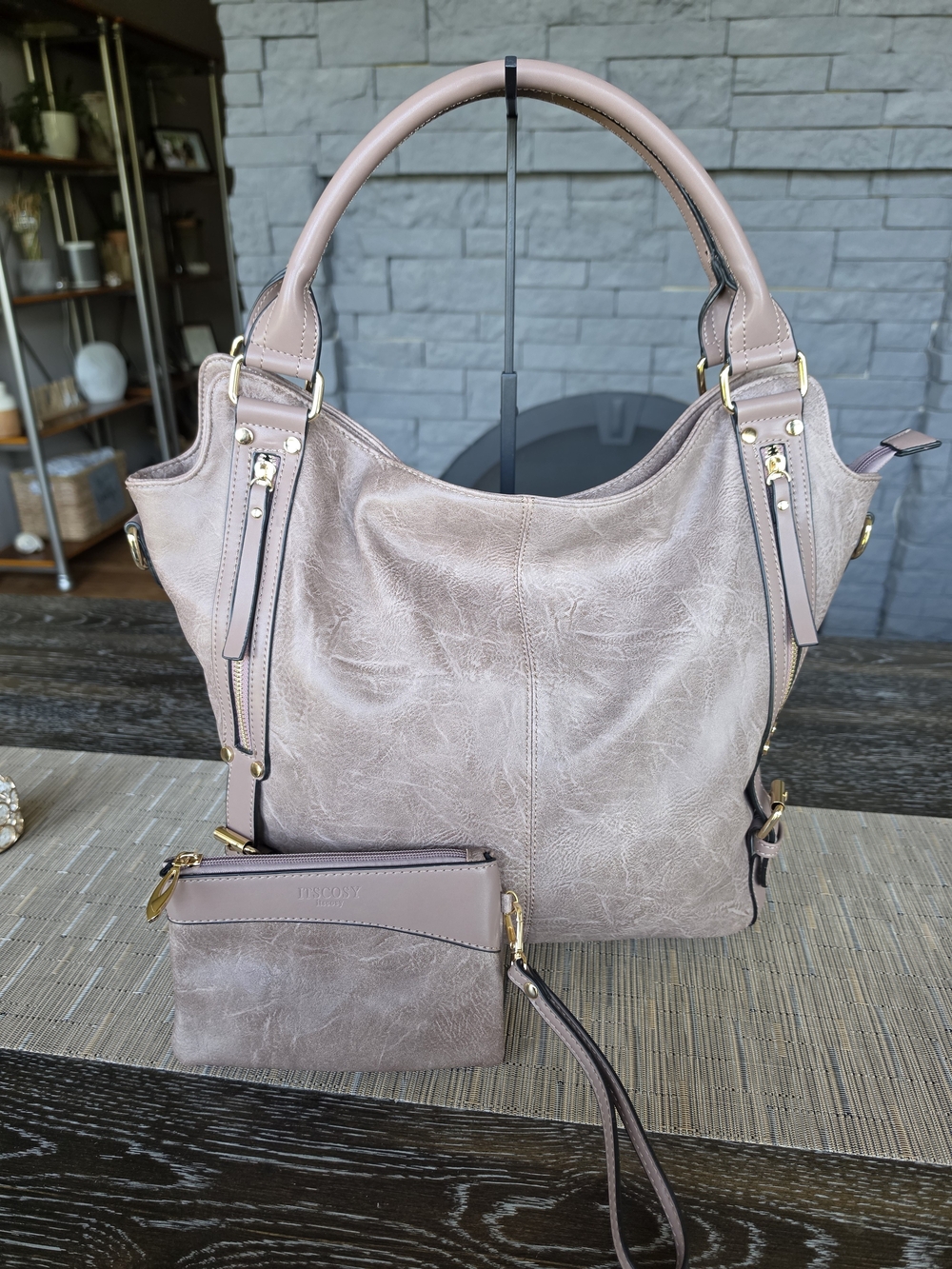Women’s Neutral Taupe Shoulder Bag with Wristlet
